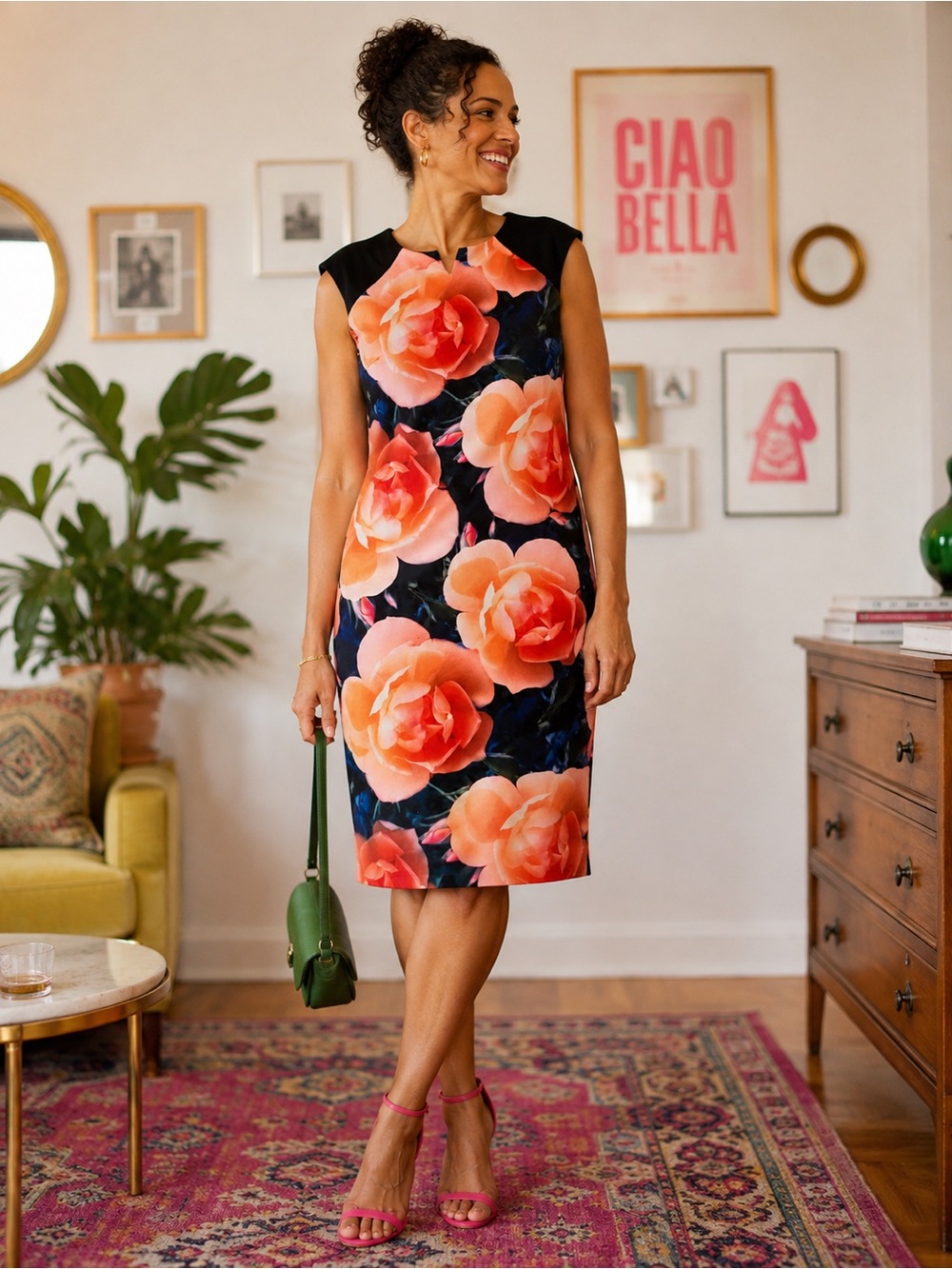 Calvin Klein Floral Sheath Dress Black Coral Size 10